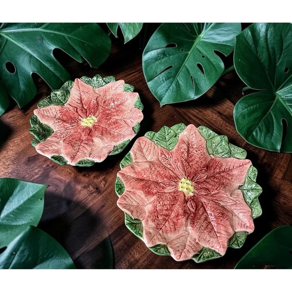 2 Fitz & Floyd Omnibus Poinsettia Christmas Dessert Snack Canape Plates Vintage
